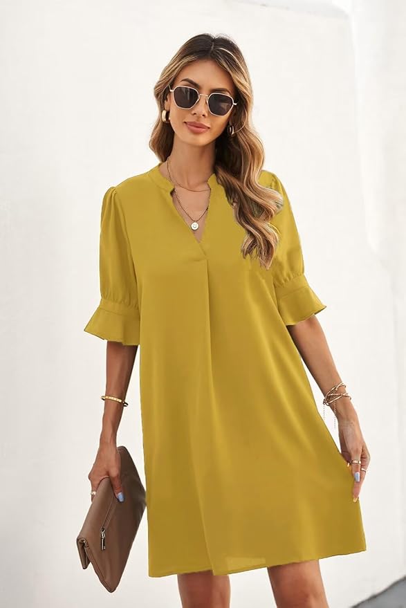 Wkior Shift Dress for Women V Neck Short Sleeves Solid Color Casual Flowy Summer Dresses(S-2XL)