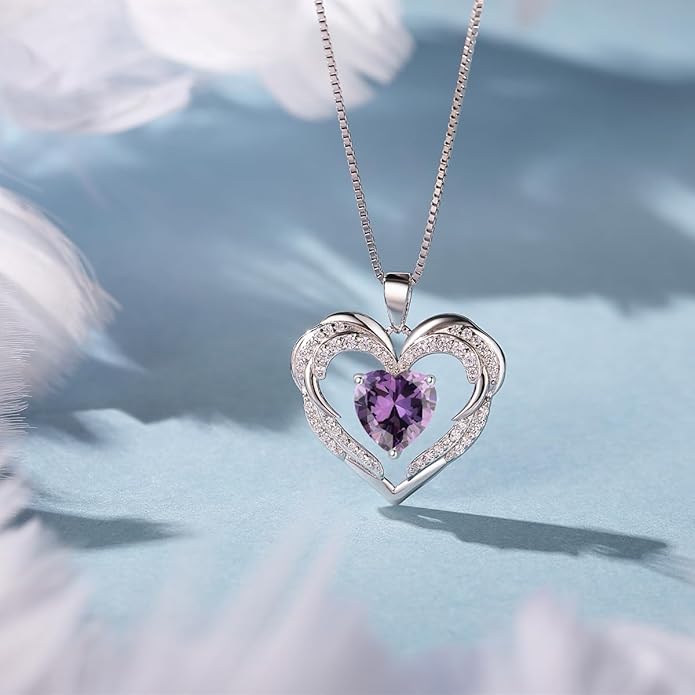 Jurikko Heart Necklaces Valentine's Gift for Women, Birthstone 925 Sterling Silver Angel Wings Love Pendant Necklaces for Women, Jewelry Gifts for Wife, Anniversary, Mother's day