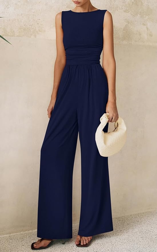 PRETTYGARDEN One Piece Jumpsuits for Women Dressy Casual Sleeveless Crewneck Wide Leg Rompers Jumpers Vacation Summer Outfits