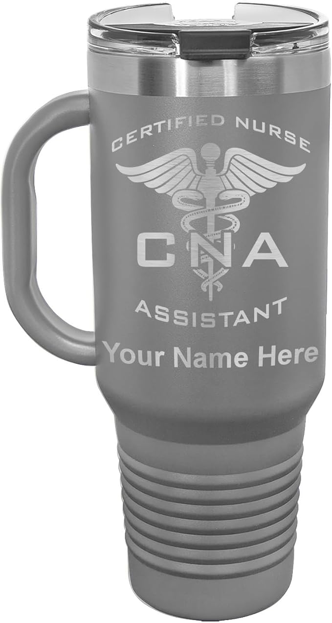 40oz Vacuum Insulated Travel Mug with Handle, CNA Certified Nurse Assistant, Personalized Engraving Included (Gray)