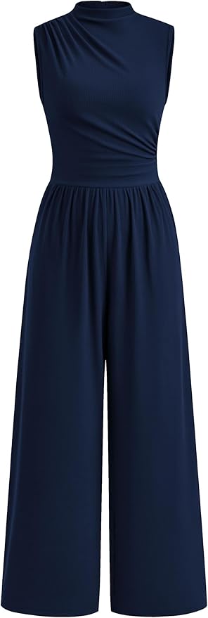 PRETTYGARDEN Womens Summer Jumpsuits Dressy Casual One Piece Outfits Sleeveless Mock Neck Wide Leg Pants Rompers with Pockets