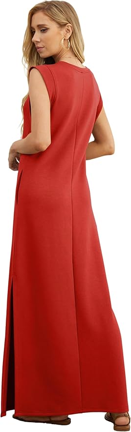 GRECERELLE 2026 Women Year-Round Casual Round Neck Loose Split Wrinkle-Free Long Maxi Vacation Dress with Pockets (XXS-4XL)