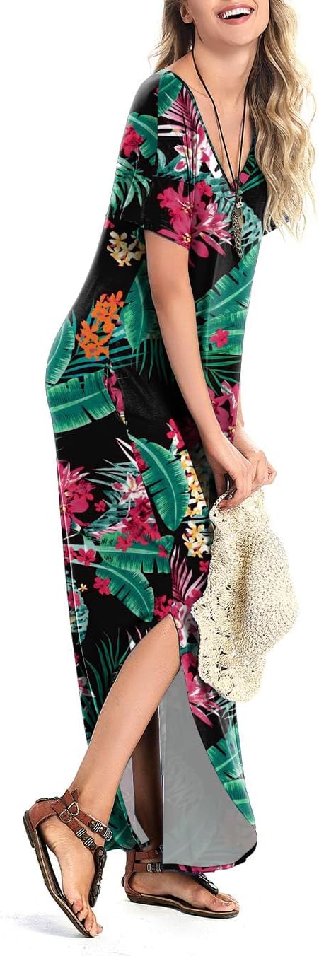 Arolina Women's Summer Maxi Dress Short Sleeve V Neck Casual Loose Long Beach Split Dresses with Pockets