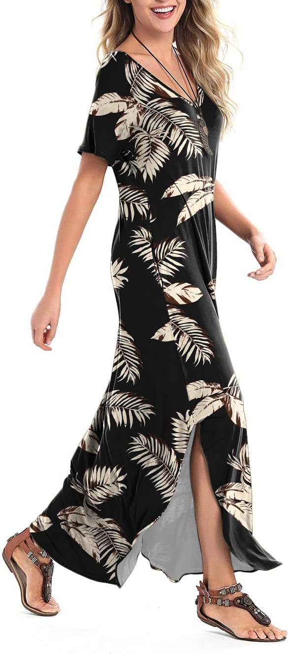 Arolina Women's Summer Maxi Dress Short Sleeve V Neck Casual Loose Long Beach Split Dresses with Pockets