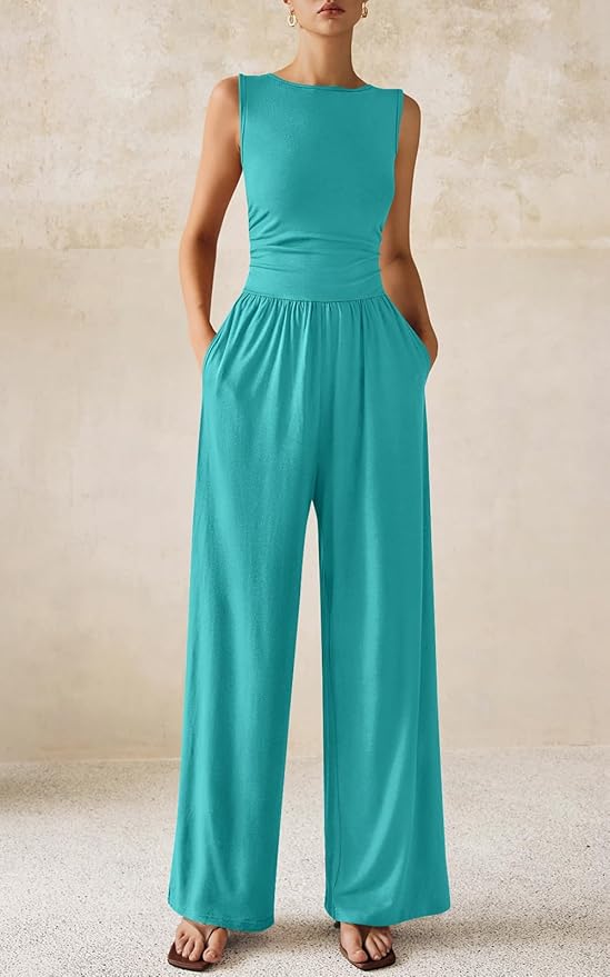 PRETTYGARDEN One Piece Jumpsuits for Women Dressy Casual Sleeveless Crewneck Wide Leg Rompers Jumpers Vacation Summer Outfits