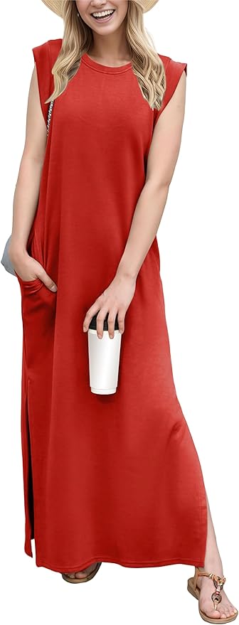 GRECERELLE 2026 Women Year-Round Casual Round Neck Loose Split Wrinkle-Free Long Maxi Vacation Dress with Pockets (XXS-4XL)