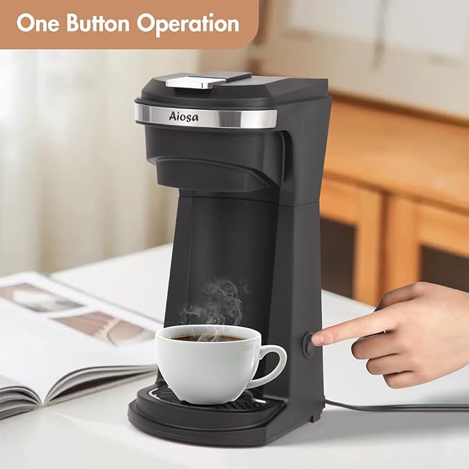 Aiosa 2 in 1 Single Serve Kcup Coffee Maker (6-14Oz), 800W Fast Brew, Compact Design with Reusable Filter, One-Button Auto Shut-Off, Travel Mug Fit, Compatible with K-Cup/Ground Coffee/Tea, Black