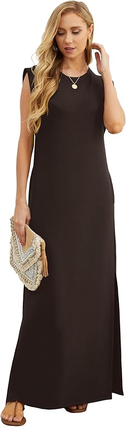 GRECERELLE 2026 Women Year-Round Casual Round Neck Loose Split Wrinkle-Free Long Maxi Vacation Dress with Pockets (XXS-4XL)