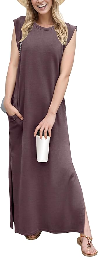 GRECERELLE 2026 Women Year-Round Casual Round Neck Loose Split Wrinkle-Free Long Maxi Vacation Dress with Pockets (XXS-4XL)