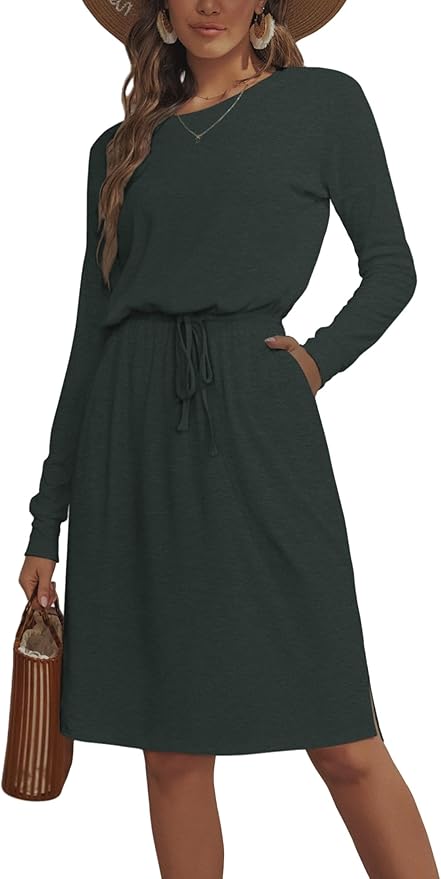 Simier Fariry Womens Spring Hide Belly Knee Length Travel Dress Pocket Summer Short Sleeve Midi Work Casual Outfits