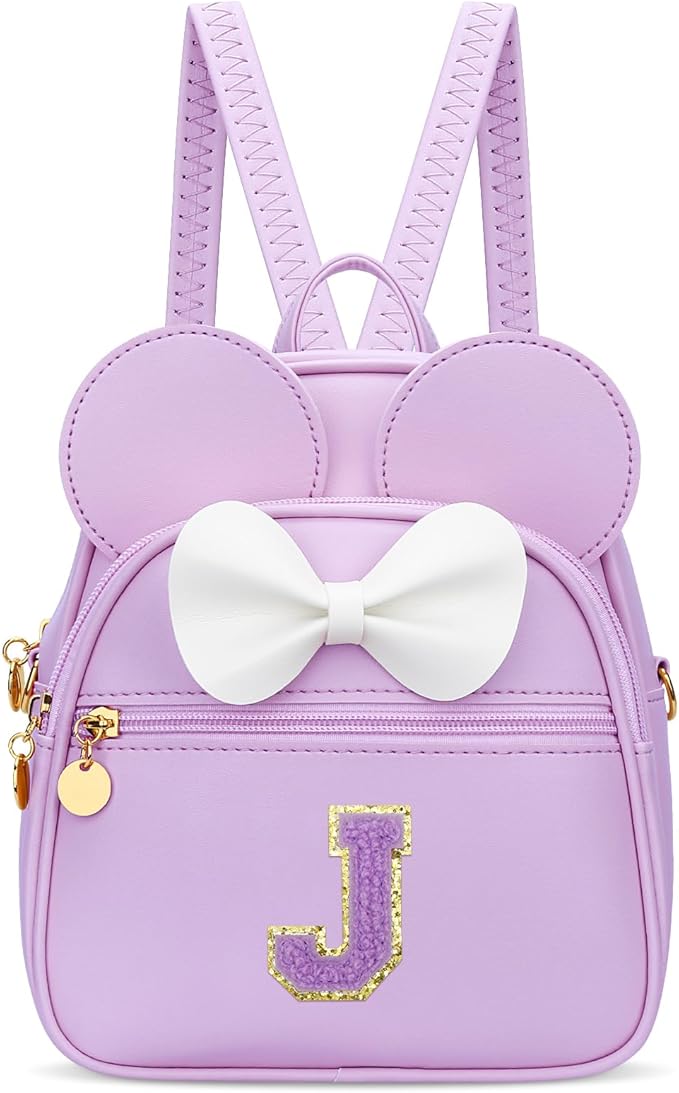 KKXIU Girls Initial Bowknot Cute Mini Backpack for Toddler, Travel Small Girl Backpacks, Personalized Valentine's Day Gifts for Little Girls and Kids(J, Purple)