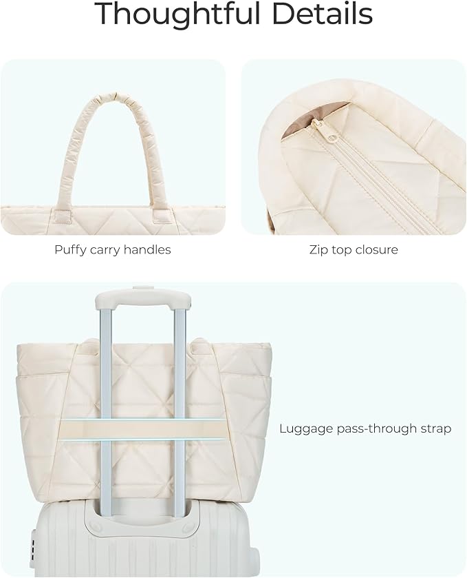 BAGSMART Tote Bag for Women, Puffy Tote Bag with Zipper, Large Quilted Shoulder Bag with Compartments for Travel, Work, Gym