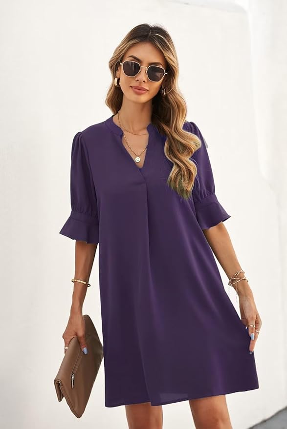 Wkior Shift Dress for Women V Neck Short Sleeves Solid Color Casual Flowy Summer Dresses(S-2XL)