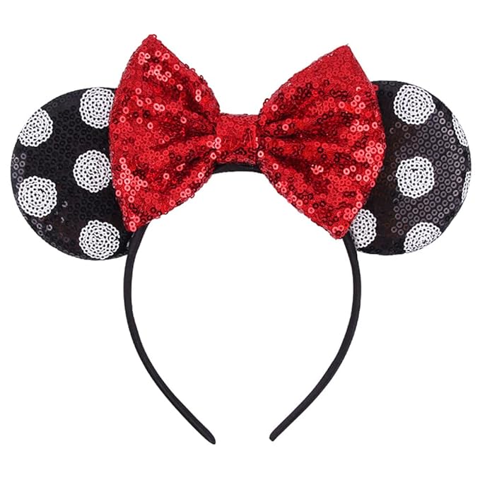 Foeran Mouse Ears Headbands Shiny Bows Mouse Ears Glitter Party Princess Decoration Cosplay Costume for Girls Women (white polka dot red)