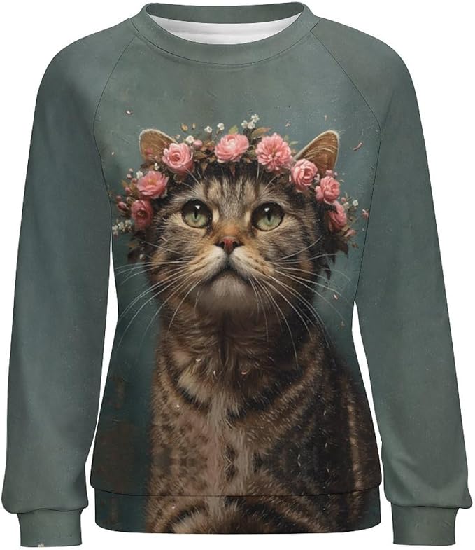 Spatofa Womens novelty funny cat printed crewneck sweatshirt casual loose long sleeve graphic pullover sweatshirts tops