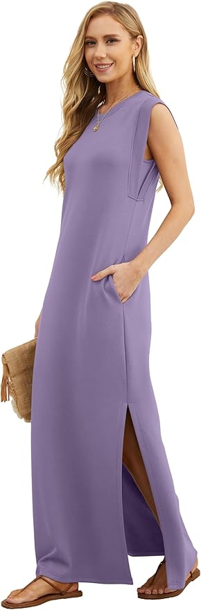 GRECERELLE 2026 Women Year-Round Casual Round Neck Loose Split Wrinkle-Free Long Maxi Vacation Dress with Pockets (XXS-4XL)
