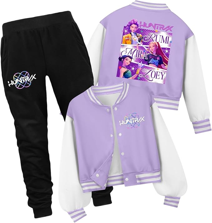 K PopGirls Kpop Tracksuit Cute Cartoon Print Baseball Coats Fashion Long Sleeve Jackets and Pants Christmas Costume Set