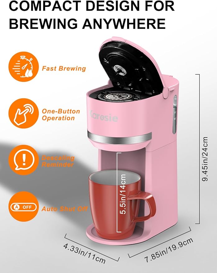 Karosie Single Serve Coffee Maker for K-Cup and Ground Coffee, Fast Brew, 6-12 oz Brew Sizes One Cup Coffee Machine Fits 5.5" Mugs, One-Button Small Coffee Maker with Descaling Reminder,Pink