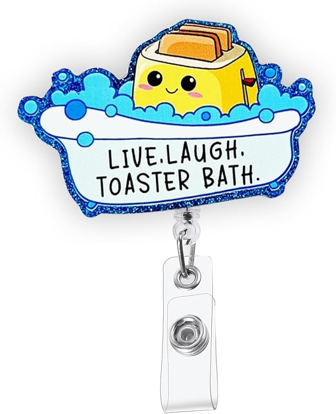 Live Laugh Toaster Bath Ironic Funny Office Badge Reel, Retractable ID Card Badge Holder, Name Tag Work Badge Clip for RN LPN CNA MA ER Night Shift Nurse Nursing Student Doctor Teacher, Nurse Gifts