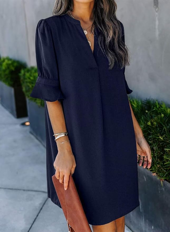 Wkior Shift Dress for Women V Neck Short Sleeves Solid Color Casual Flowy Summer Dresses(S-2XL)
