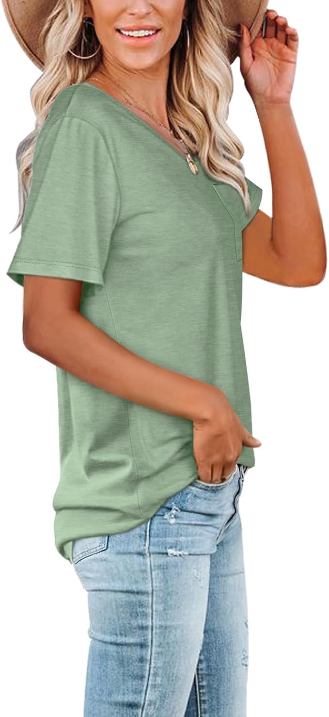 WIHOLL Women Summer T Shirts Short Sleeve Rounded V Neck Pocket Tee Tops