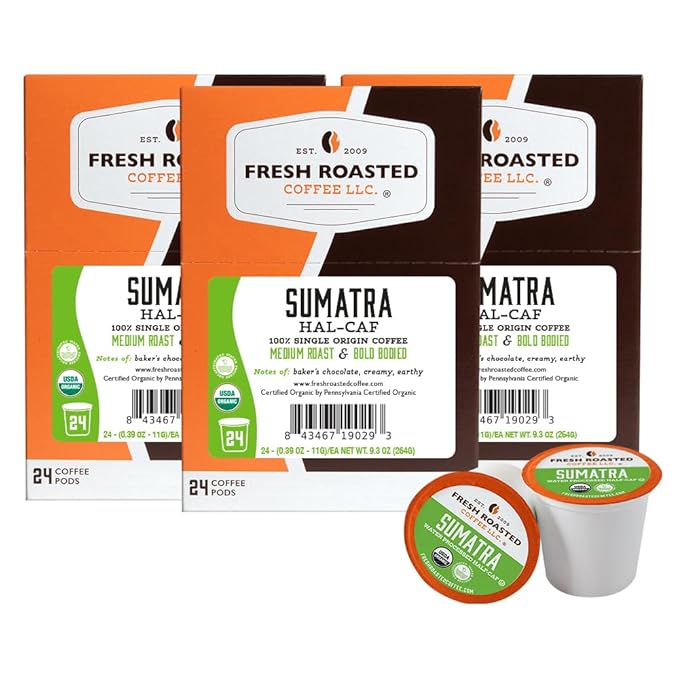 Fresh Roasted Coffee, Organic Sumatra Water-Processed Half-Caf | 100% Single Origin, USDA Organic, Kosher | Medium Roast K-Cup Compatible | 72 Pods