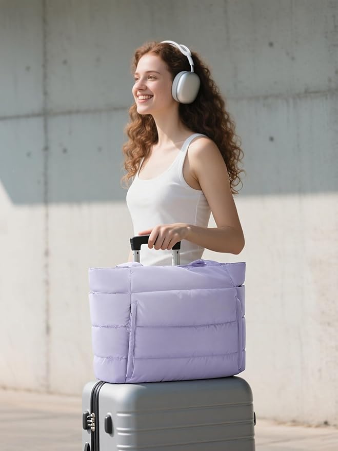 Puffer Tote Bag for Women, Lightweight Puffy Work Handbag Teacher Nurse Quilted Shoulder Bag for School Travel Gym | Quilted, with Zipper, Daily Carry On Bags, Comfy College Bags, 15.6" Laptop Sleeve, Cup Holder Pocket, Portable, Spacious
