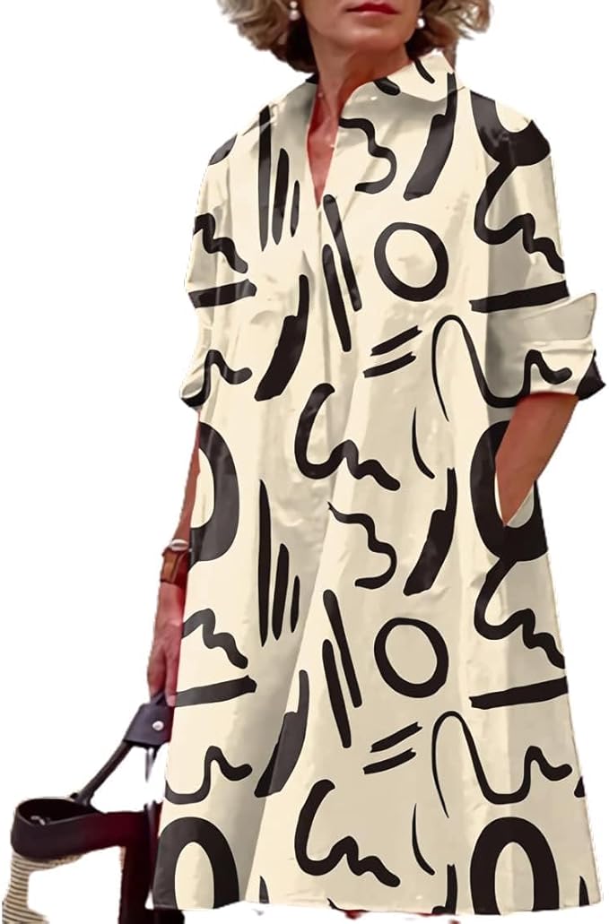 Womens 2025 Long Sleeve Button Down Shirt Summer Dress Casual V Neck Loose Fit Midi Shirt Dresses with Pockets