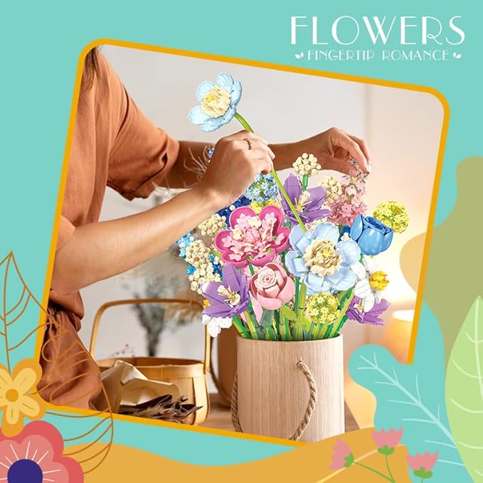 Flower Bouquet Building Block Sets, Artificial Flowers Adult Collection, Unique Home Décor, Idea Present for Adults and Kids, Valentine's Day Gifts for Girls, Standard Particles 865 PCS (JJ9092)