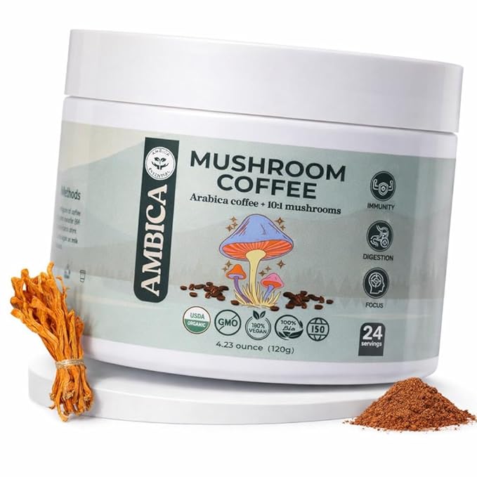 Ambica Instant Mushroom Coffee Ground, USDA Organic With Ten Mushroom Coffee with Lion’s Mane, Reishi, Cordyceps & Chaga for Immnue Support & Gut Health, Better Energy & Focus 24 Servings, 4.23 Oz