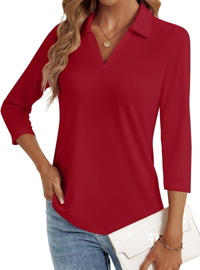 3/4 Length Sleeve Womens Tops Dressy Casual V Neck Polo Shirts Business Work Blouses 2025 Trendy Tunic Top