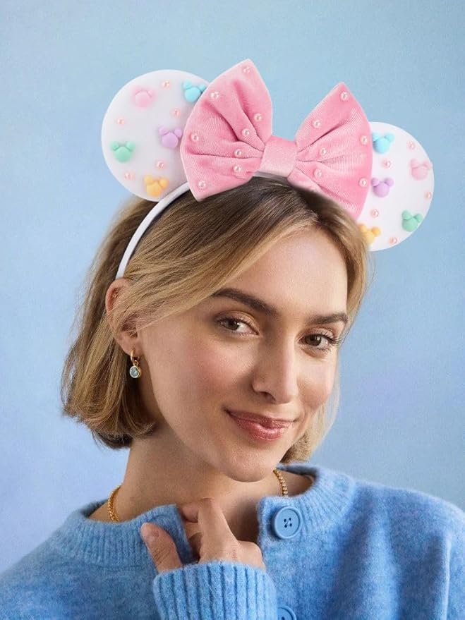 DRESHOW Mouse Ears Headbands for Women Plain White Pearl Mickey Ears Hairbands Bow Head Bands Velvet Head Band Cosplay Costume Princess Party Decorations Disney Trip