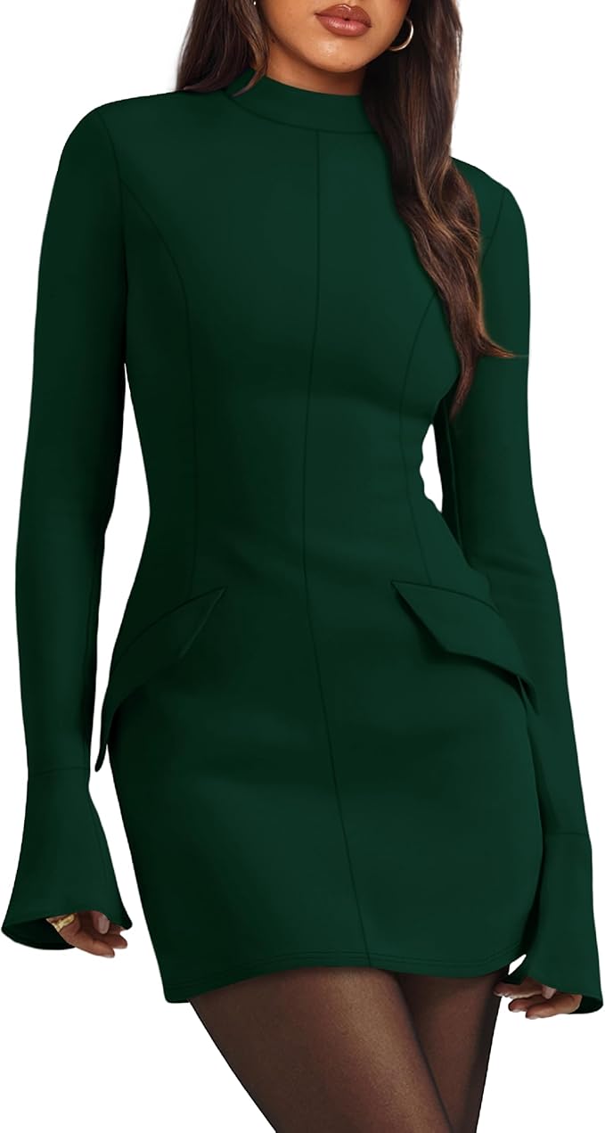 OFEEFAN Women's Fall Long Sleeve Mock Neck Dress Basic Party Club Bodycon Mini Dresses