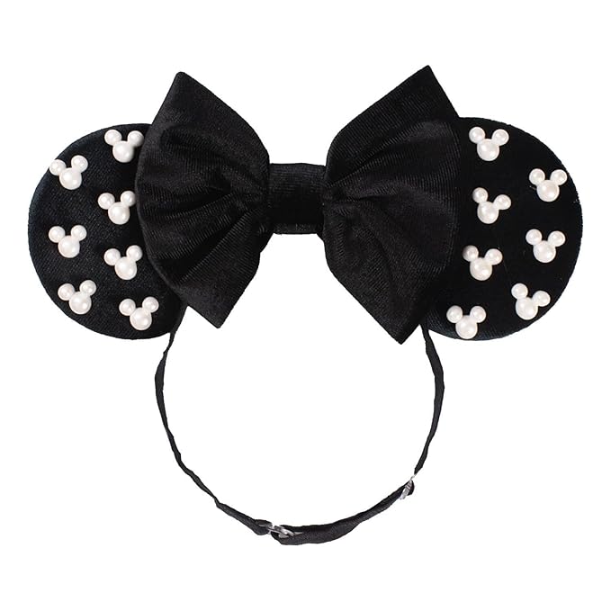 WW-WONDERFULWORLD Mouse Ears Headband with Velvet Bow and Pearl Accents, Black, Adjustable Elastic Hair Band - Headache-Free, Cosplay Costume Headwear for Minnie Party Supplies, Classic; FD1BK