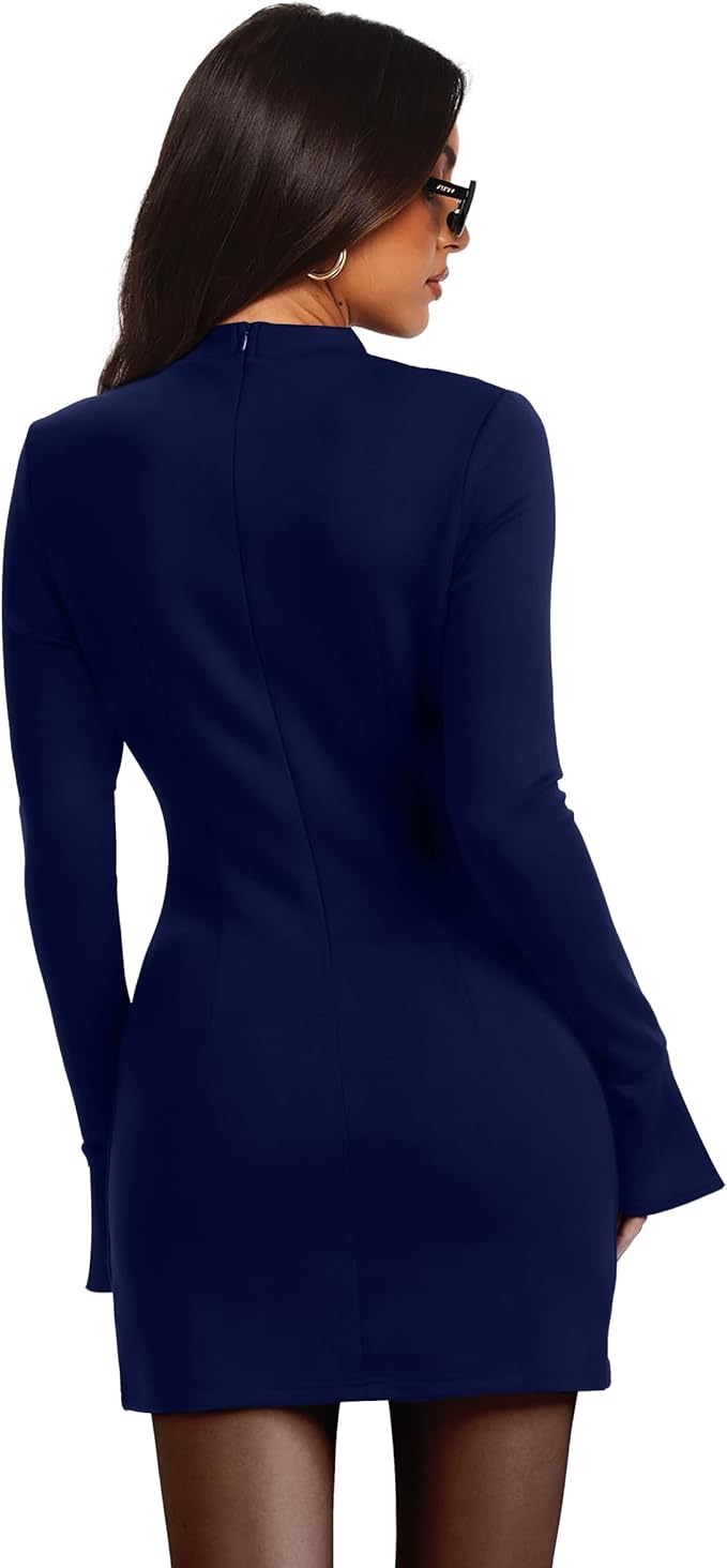 OFEEFAN Women's Fall Long Sleeve Mock Neck Dress Basic Party Club Bodycon Mini Dresses