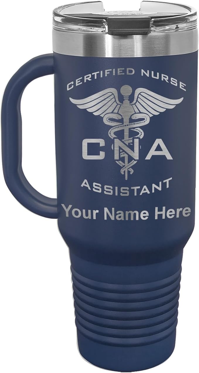 LaserGram 40oz Vacuum Insulated Travel Mug with Handle, CNA Certified Nurse Assistant, Personalized Engraving Included (Navy Blue)