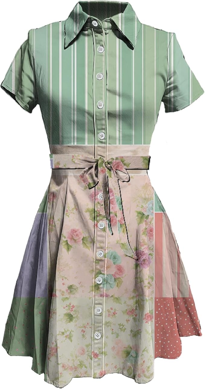 MARSVOVO Cute T Shirt Dress for Women Short Sleeve Button Up Tie Waist Elegant Casual Collared Smocked Midi Dress