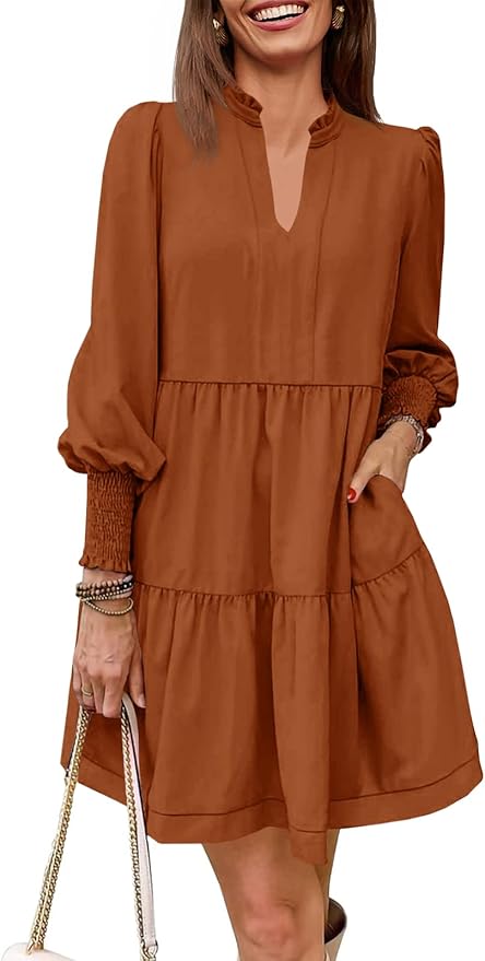 Imily Bela Womens Fall Long Sleeve Tunic Dress Casual V Neck Loose Ruffle Tiered Dress