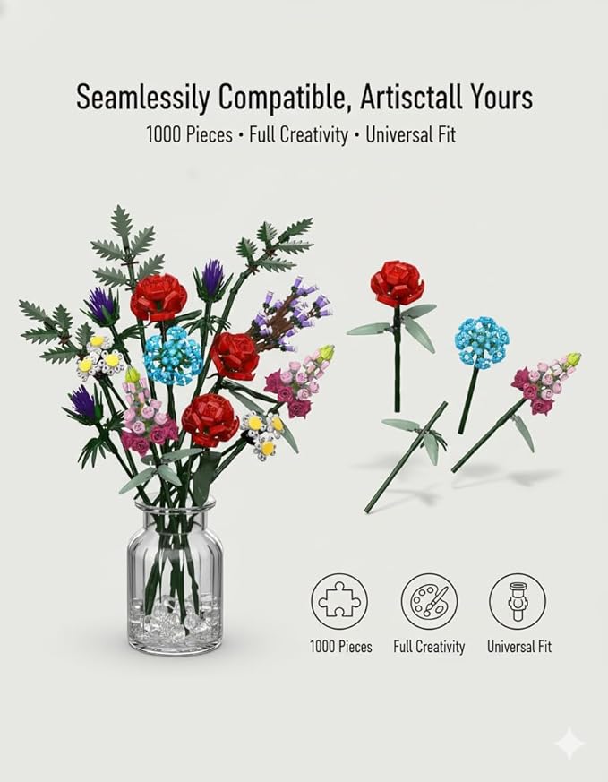 Dexblocks 1000 Pcs Flower Bouquet Building Kit,Artificial Flower Bouquet Kit for Adults, Botanical Collection Home Decor, for Women and Girls,Anniversaries and Christmas Ideal Gift