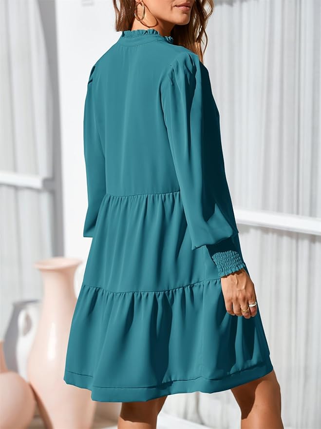Imily Bela Womens Fall Long Sleeve Tunic Dress Casual V Neck Loose Ruffle Tiered Dress