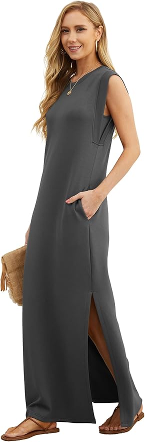 GRECERELLE 2026 Women Year-Round Casual Round Neck Loose Split Wrinkle-Free Long Maxi Vacation Dress with Pockets (XXS-4XL)