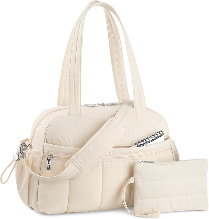 TOPDesign Travel Duffel Bag for Women, Puffer Gym Bag Sports Tote with Wet Pocket, Carry On Weekender with Luggage Sleeve (Beige)