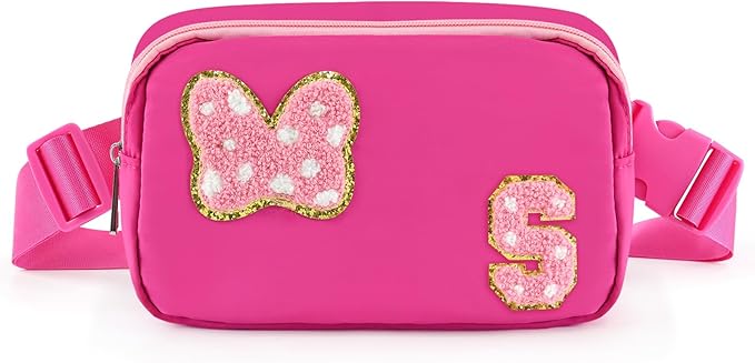 Chenille Initial Letter Bow Mouse Fanny Pack, Waterproof Park Crossbody Bag Christmas Birthday Gifts for Teen Girls Daughter Women Kids Adults, Cute Belt Bag Must Haves for Park Travel (S, Rose Red)