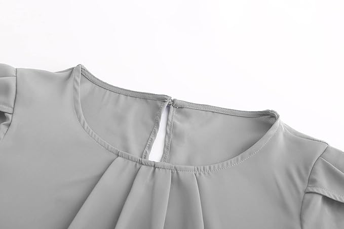 TASAMO Women's Casual Round Neck Basic Pleated Top Cap Sleeve Curved Keyhole Back Chiffon Blouse
