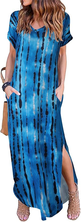 Arolina Women's Summer Maxi Dress Short Sleeve V Neck Casual Loose Long Beach Split Dresses with Pockets
