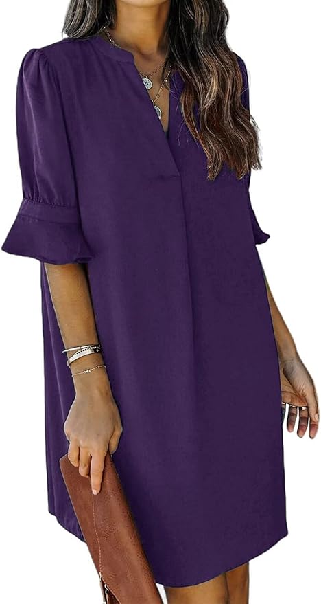 QACOHU Summer Dresses for Women V Neck Ruffle Short Sleeve Casual Shift Dress