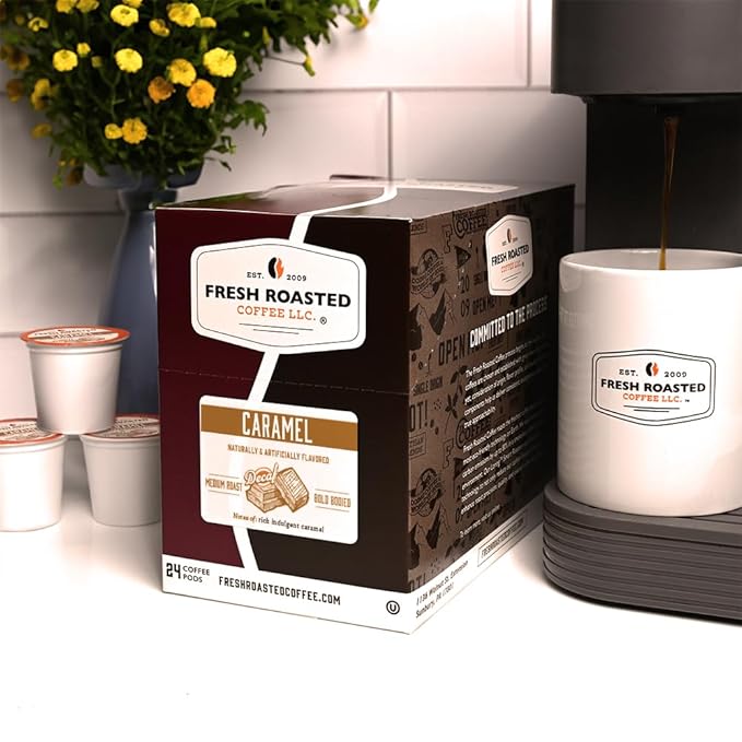 Fresh Roasted Coffee, Decaf Caramel, Flavored Coffee Pods, 72 Count