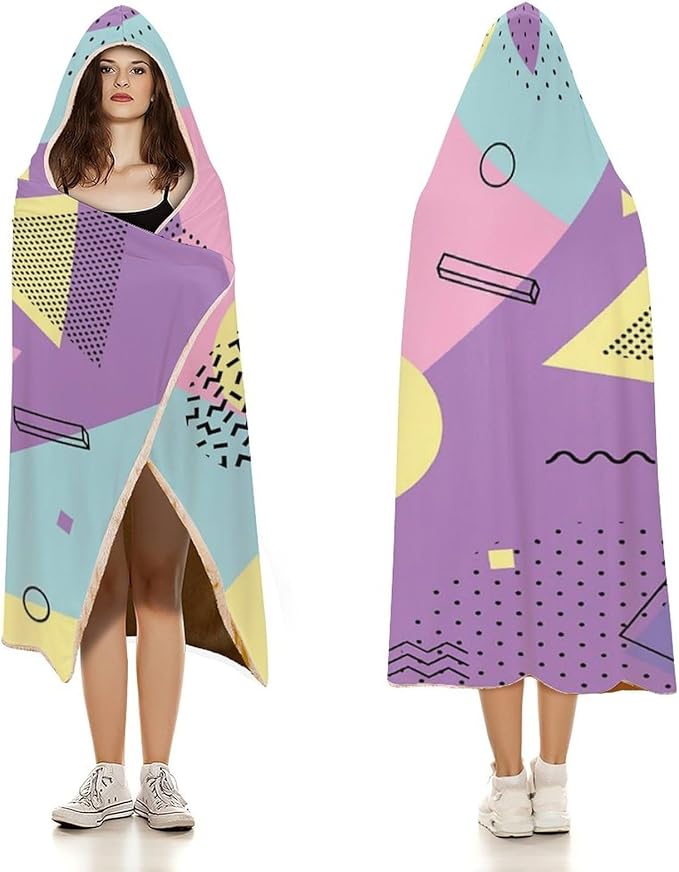80s 90s Vintage Retro Wearable Blanket Flannel Hooded Blankets Soft Warm Blanket Hoodie for Room Couch Bed Office