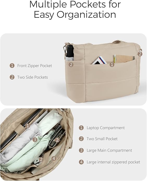 Moyad Puffy Tote Bag for Women with Zipper, Lightweight Quilted Bags Shoulder Handbag for Work, Travel, Gym, Nurse, Teacher