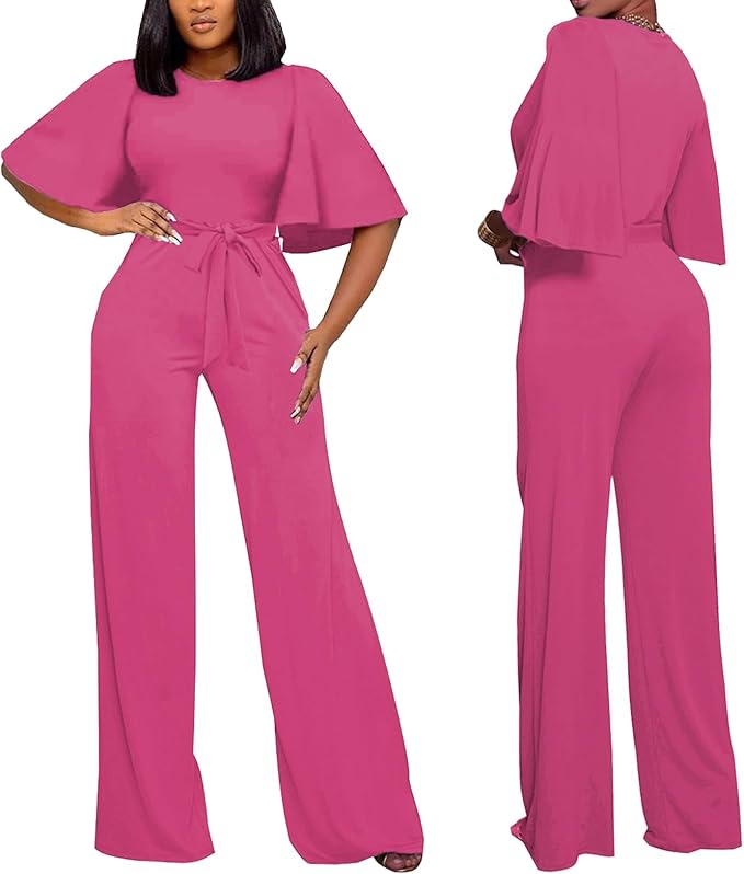 BessCops Womens Loose Short Sleeve Belted Wide Leg Pant Romper Jumpsuit Casual Business One Piece Outfits